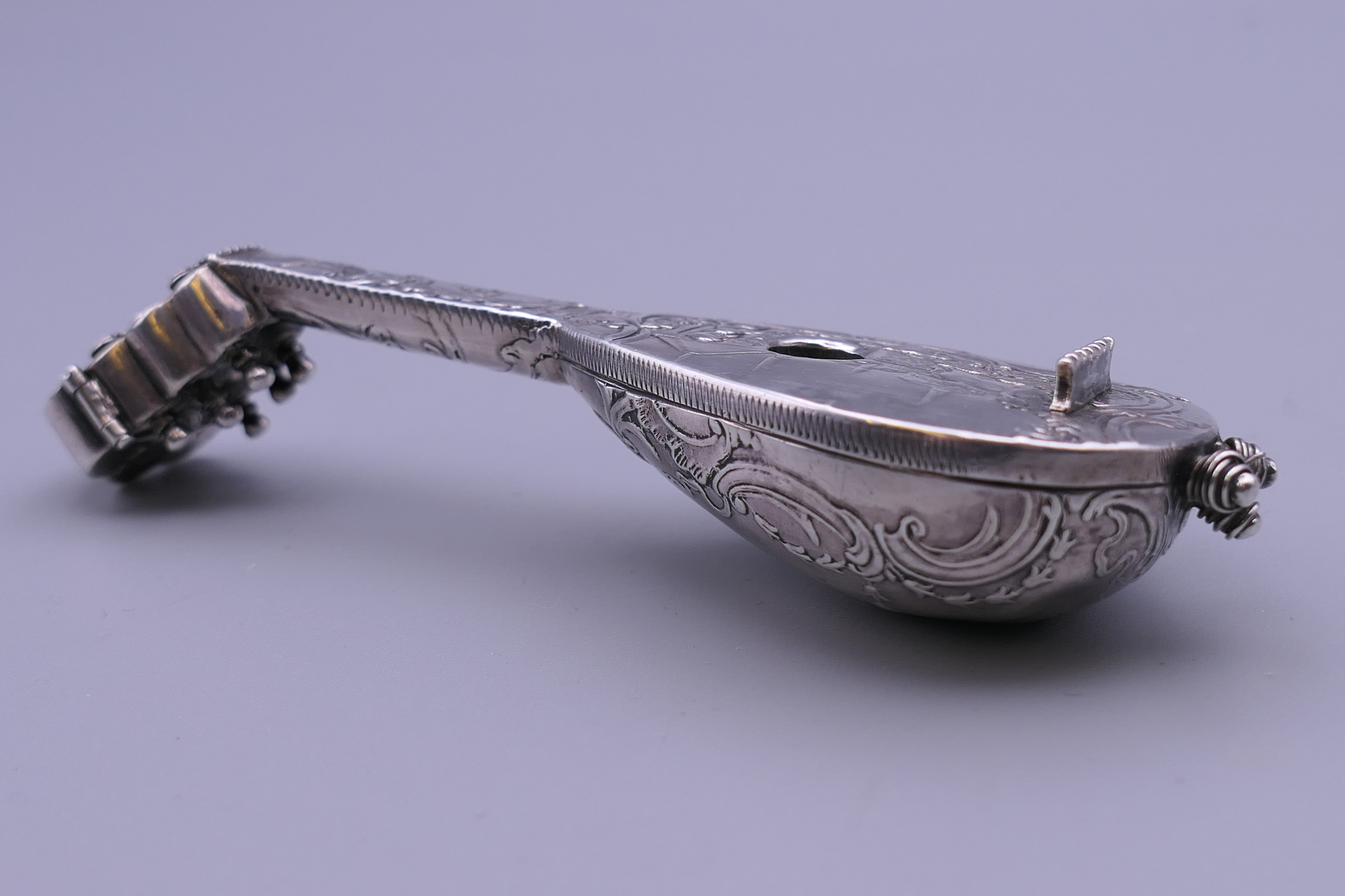 A 19th century Dutch novelty silver scent bottle formed as a mandolin, with English import marks. - Image 2 of 12
