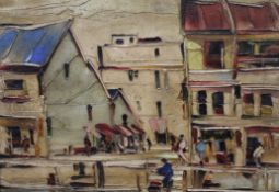 DEAKINS, Street Scene, oil on board, signed, framed. 34.5 x 33.5 cm.