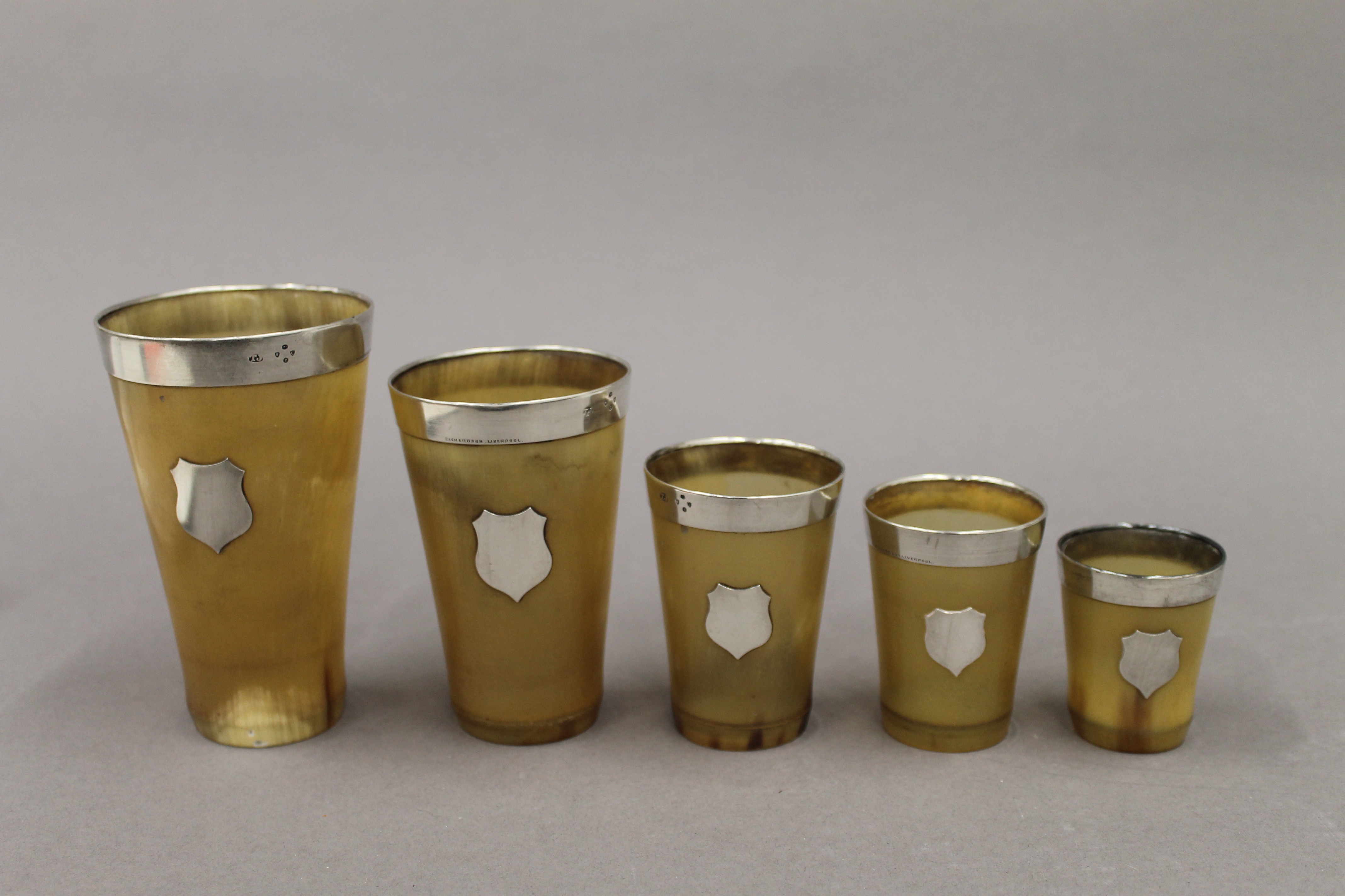 Five silver mounted horn beakers. The largest 12.5 cm high. - Image 7 of 10