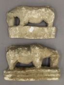 Two carved stone animals. The largest 26 cm long.