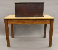 An Edwardian pine table with drawer and a pine blanket box. The former 122 cm long x 75 cm wide.