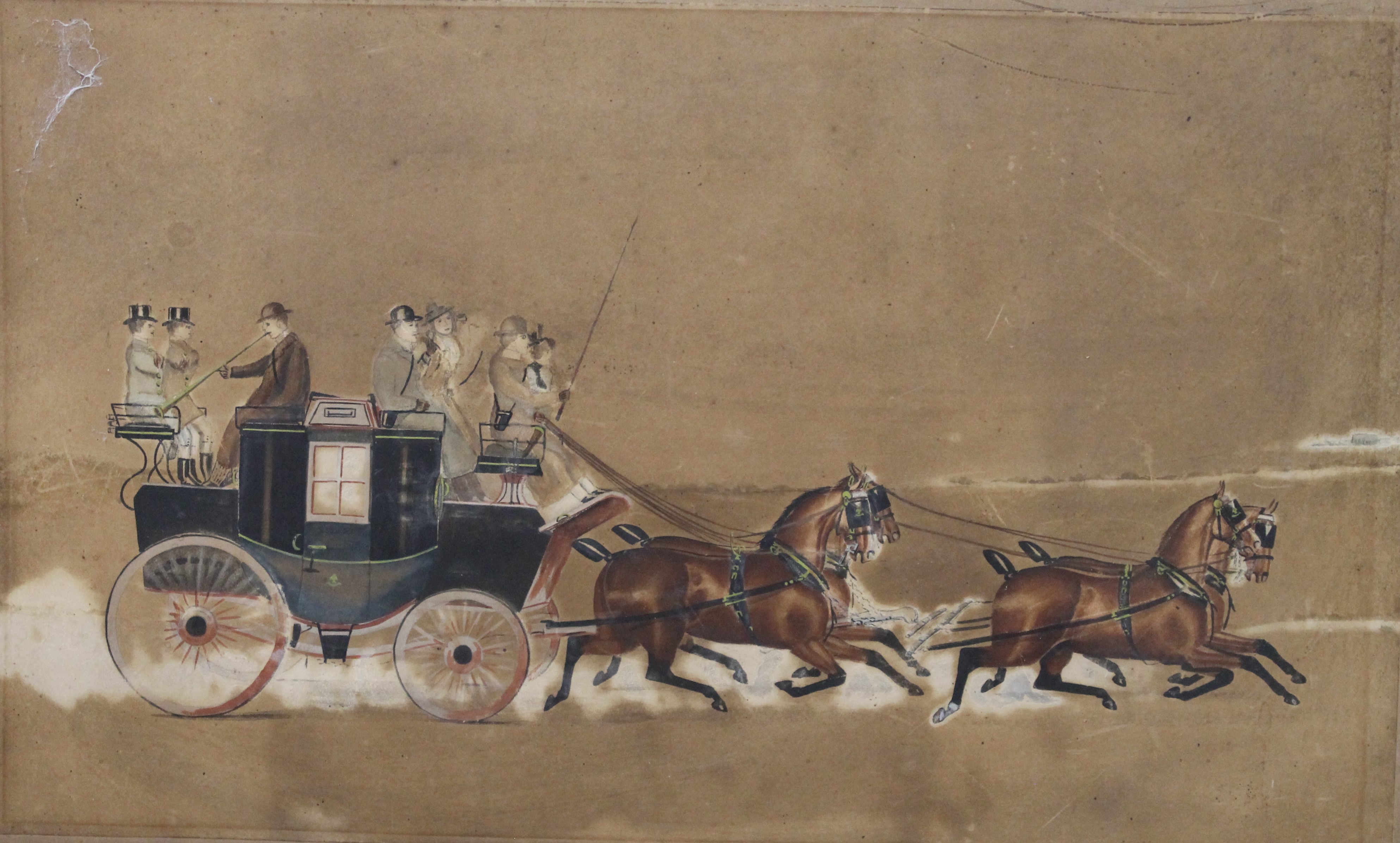 A 19th century watercolour on paper laid down, Coaching Scene. 65 x 39 cm.