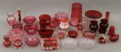 A collection of various cranberry glass, etc.