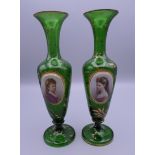 A pair of 19th century Bohemian glass vases, each with painted female portrait. 19.5 cm high.