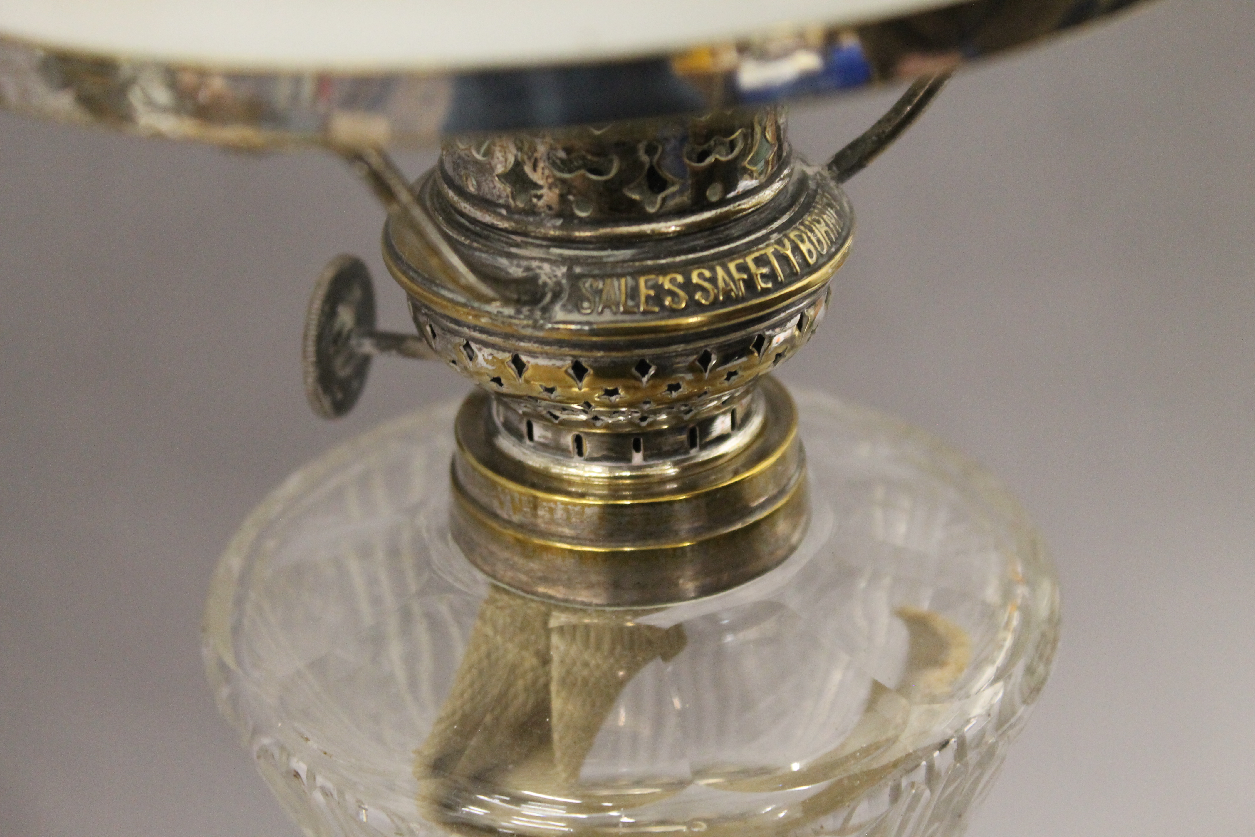A pair of Victorian silver plated oil lamps, with cut glass reservoirs and opaline shades. - Image 2 of 4