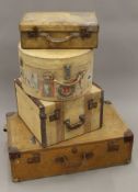 Four various vintage suitcases. The largest 79 cm long.