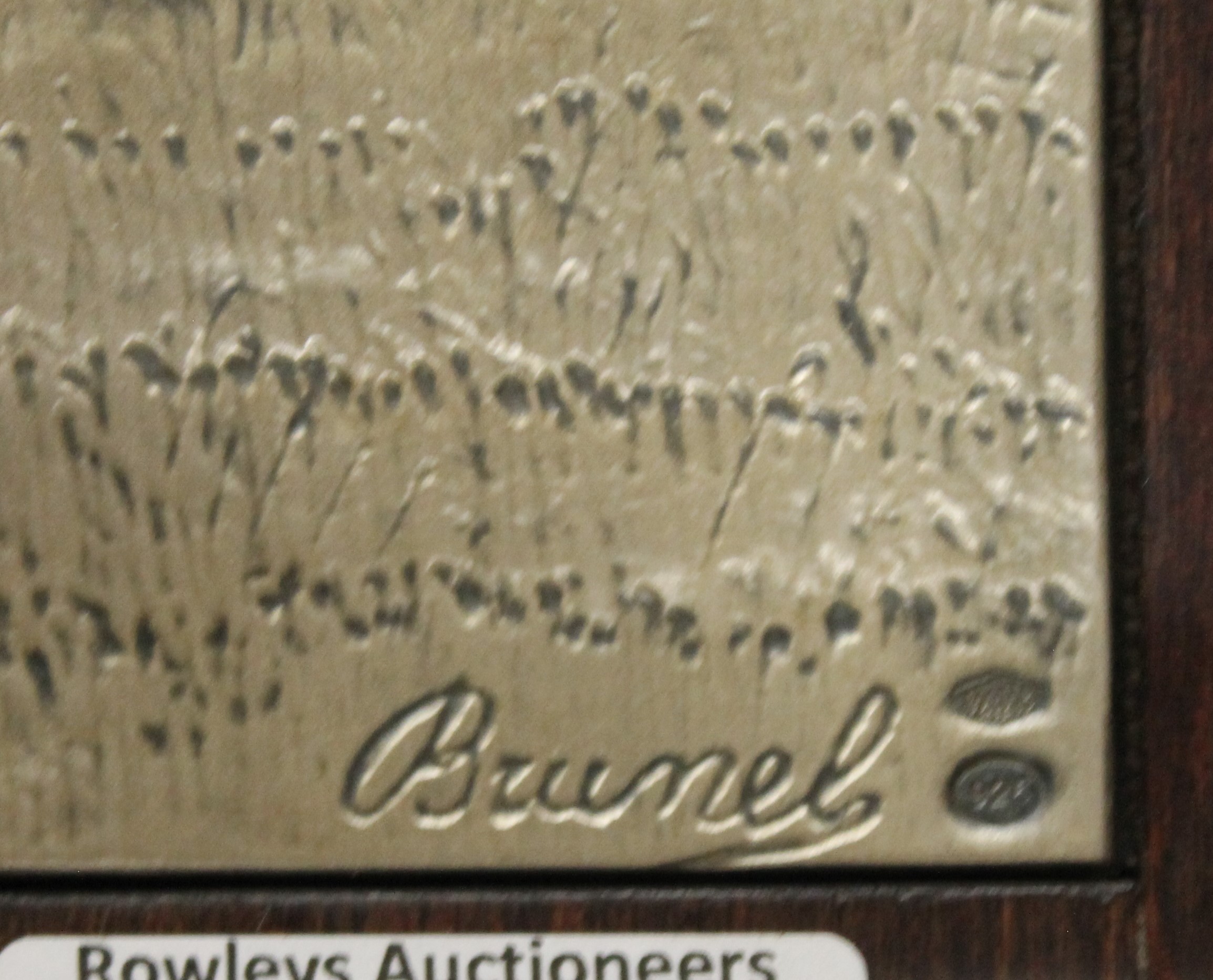 A 925 silver mounted plague of horses, signed BRUNEL, housed in a wooden frame. 34. - Image 3 of 3