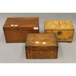 Two Victorian walnut boxes, a Chinese box and another. The largest 31.5 cm wide.