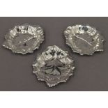 Three silver leaf form pin trays. Each 9 cm long. 3.7 troy ounces.