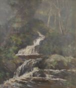 JAMES DEY (1871-1938) American, Forest Waterfall, oil, framed and glazed. 28.5 x 28.5 cm.