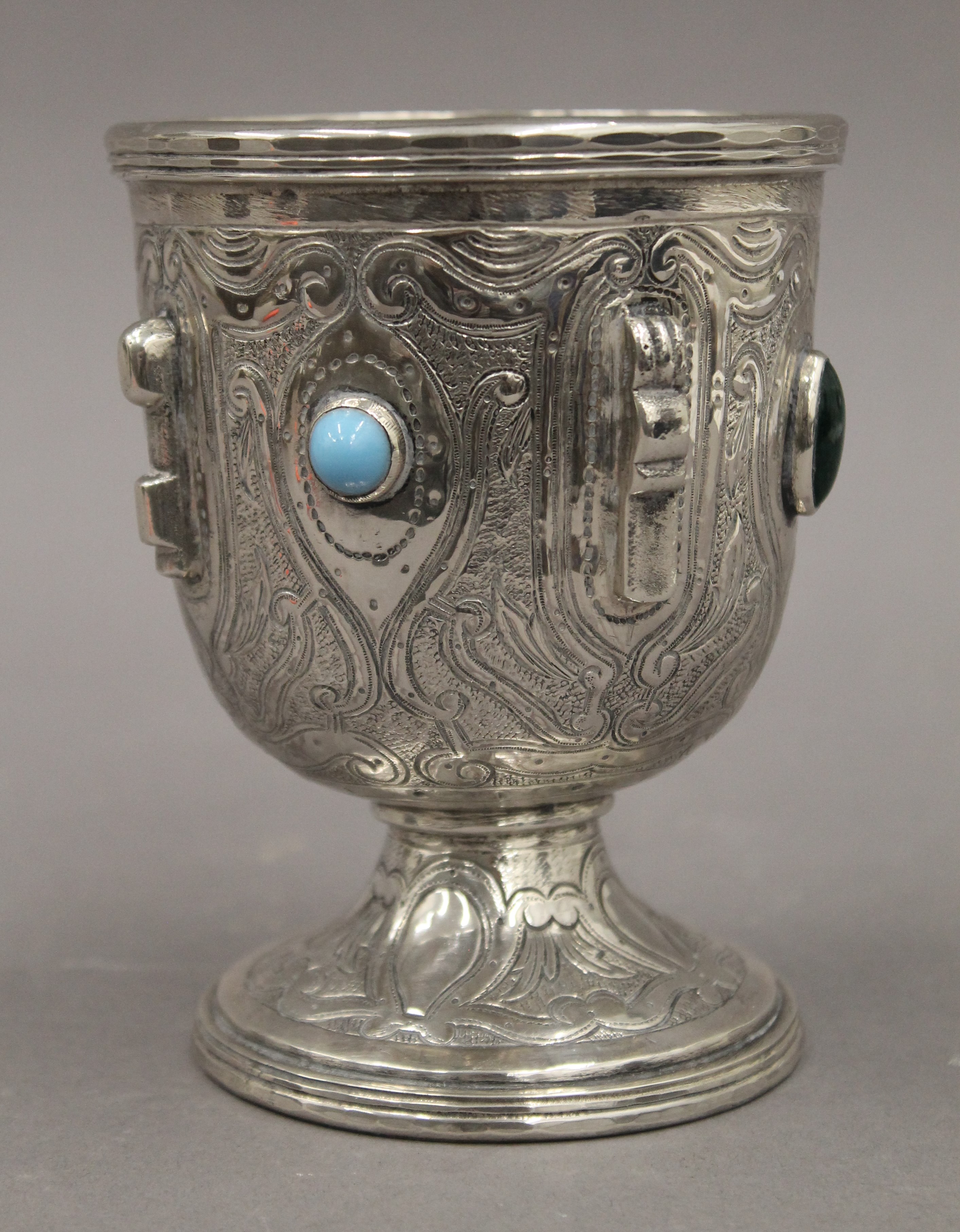 A Continental silver chalice, possibly Spanish, set with blood stone and turquoise cabochons. - Image 2 of 4