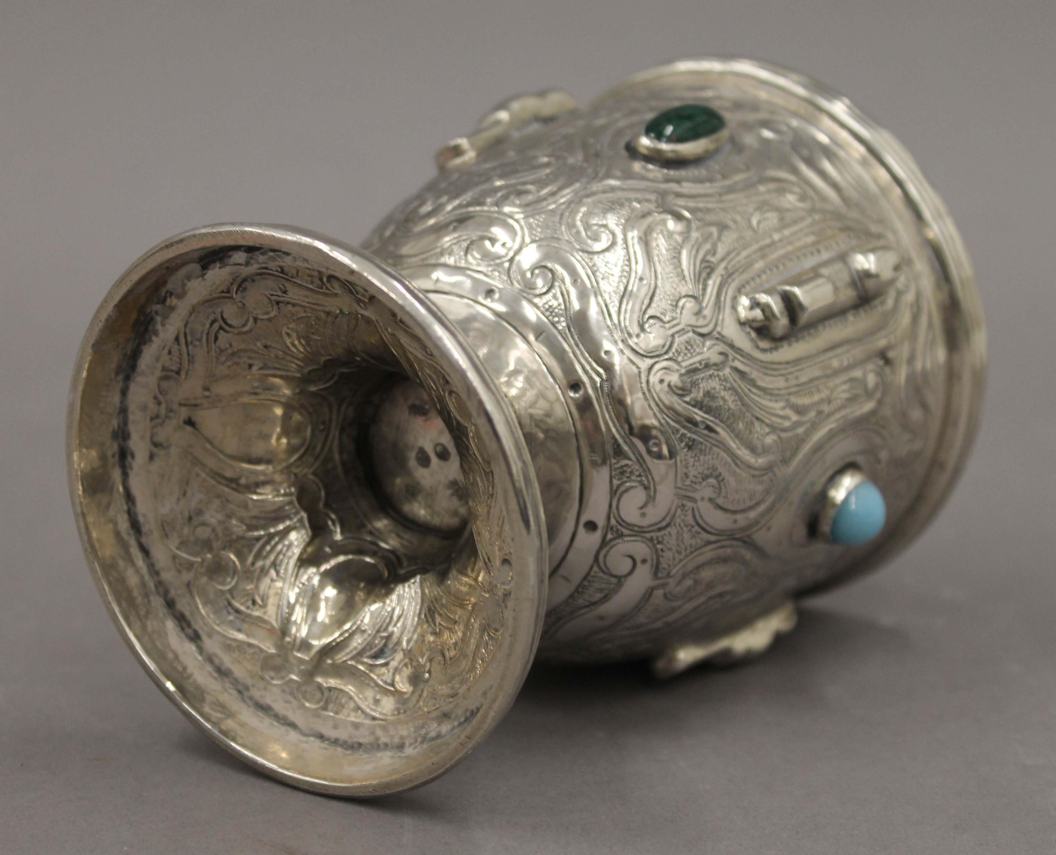 A Continental silver chalice, possibly Spanish, set with blood stone and turquoise cabochons. - Image 3 of 4
