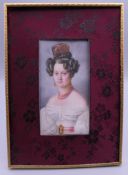 A 19th century miniature portrait on ivory of a bejewelled young lady,