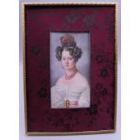 A 19th century miniature portrait on ivory of a bejewelled young lady,