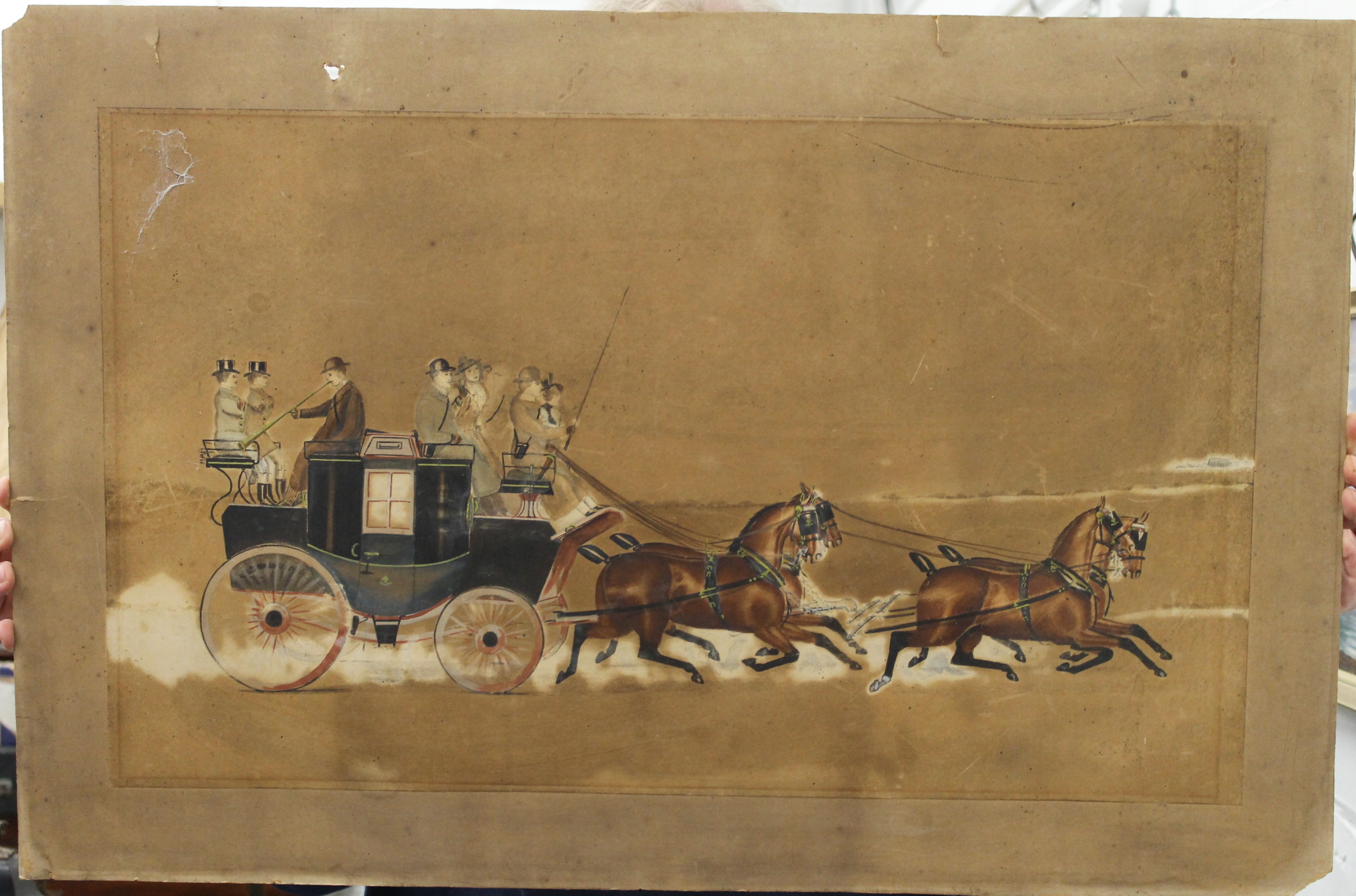 A 19th century watercolour on paper laid down, Coaching Scene. 65 x 39 cm. - Image 2 of 4