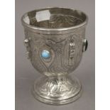 A Continental silver chalice, possibly Spanish, set with blood stone and turquoise cabochons.