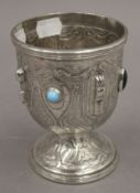 A Continental silver chalice, possibly Spanish, set with blood stone and turquoise cabochons.
