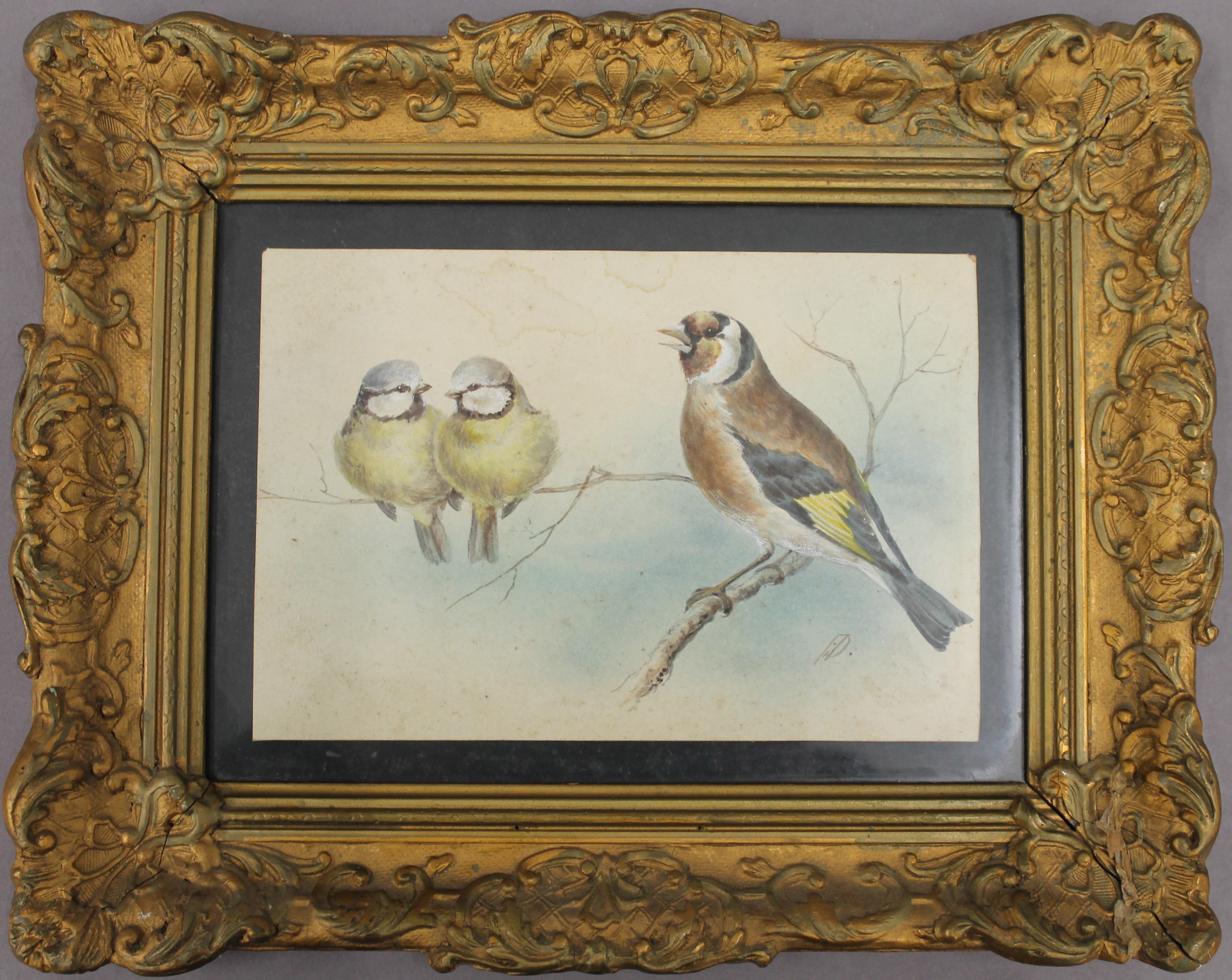 A 19th century watercolour, Two Blue Tits and a Goldfinch, indistinctly initialled, - Image 2 of 3