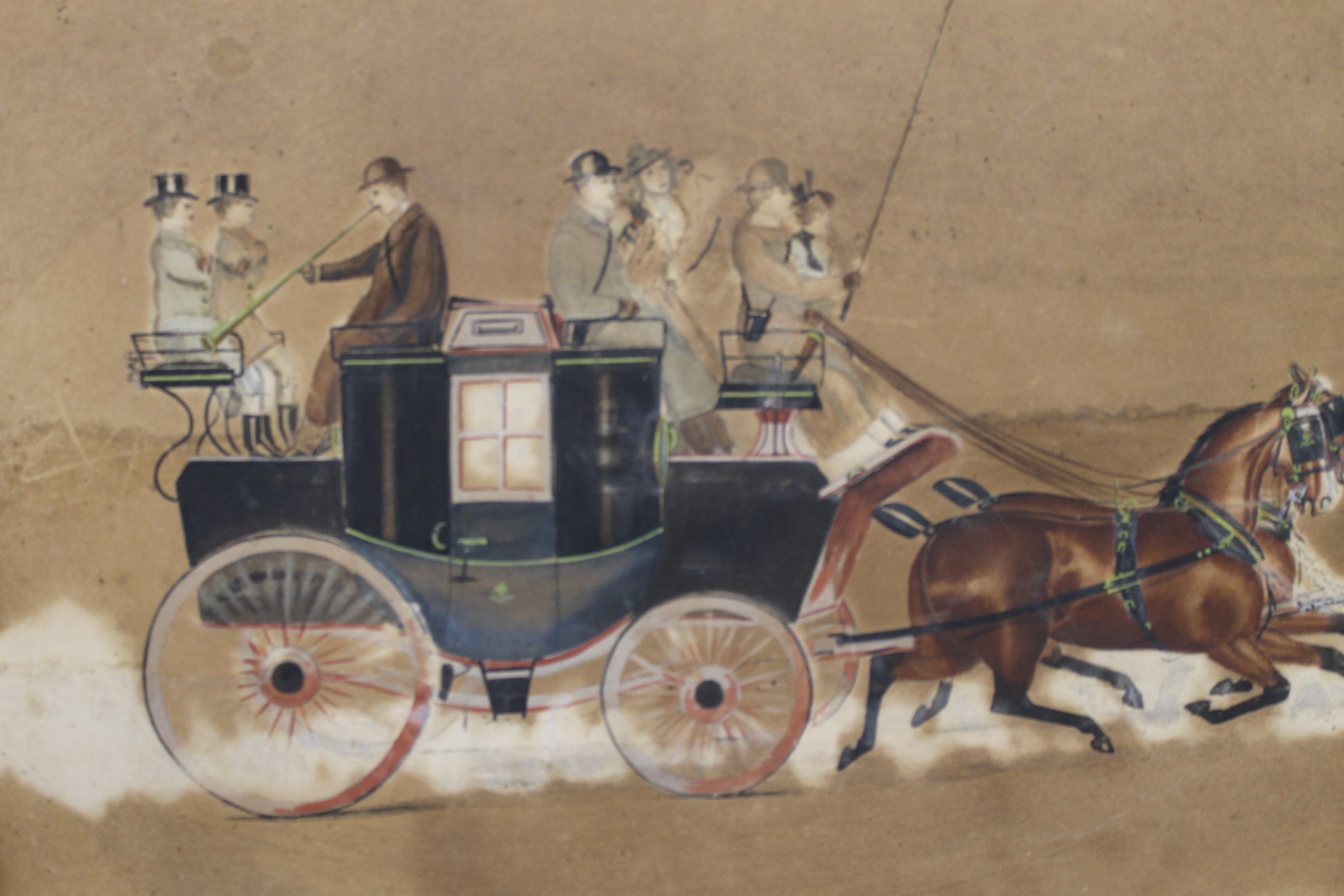 A 19th century watercolour on paper laid down, Coaching Scene. 65 x 39 cm. - Image 3 of 4