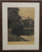 GEORGE FRITZ, River before a Village, etching, framed and glazed. 22 x 30.5 cm.