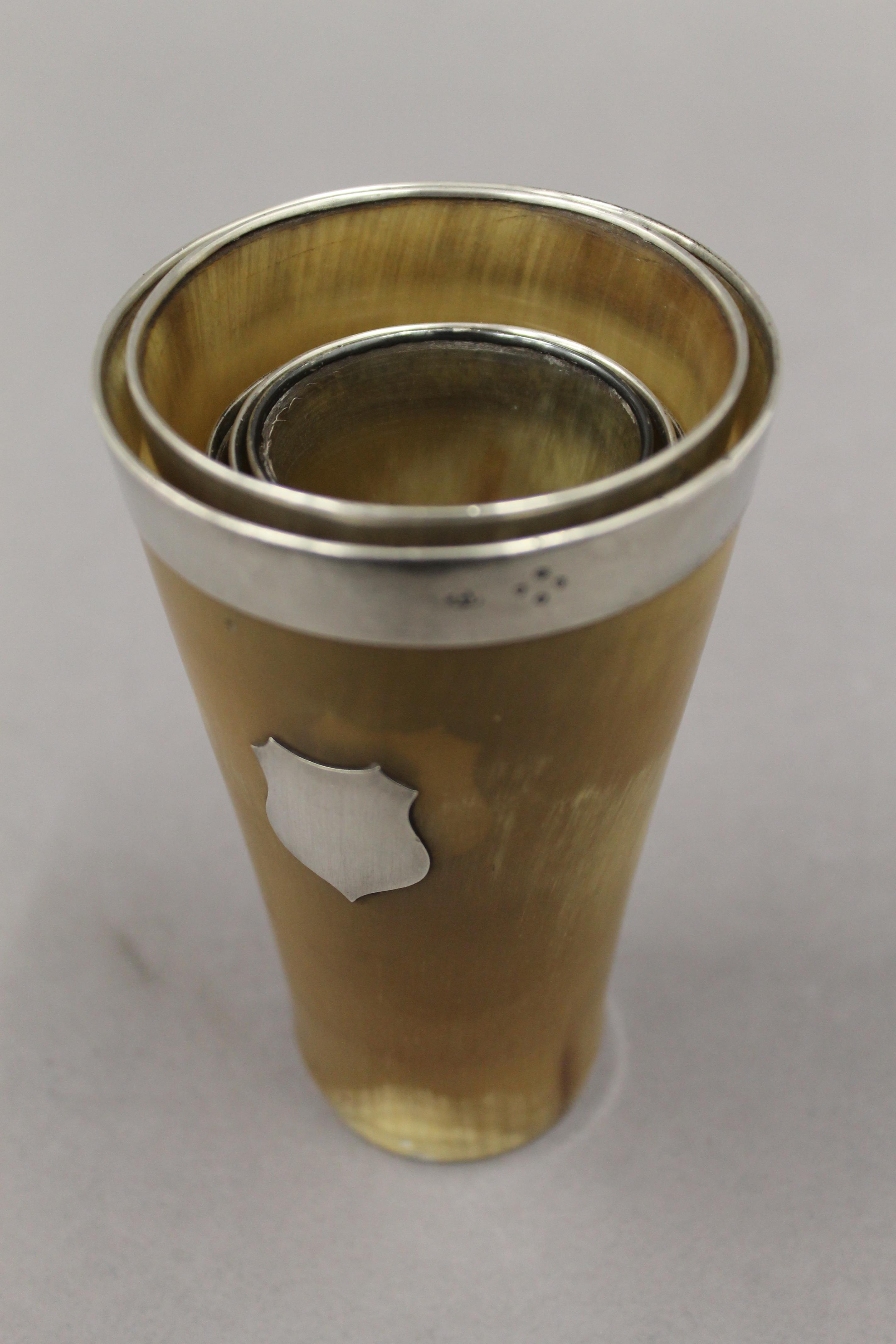 Five silver mounted horn beakers. The largest 12.5 cm high. - Image 8 of 10