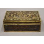 An Art Deco French brass inlaid burr wood cigarette box. 15.5 cm wide.