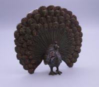 A cold painted bronze model of a peacock. 9 cm wide.