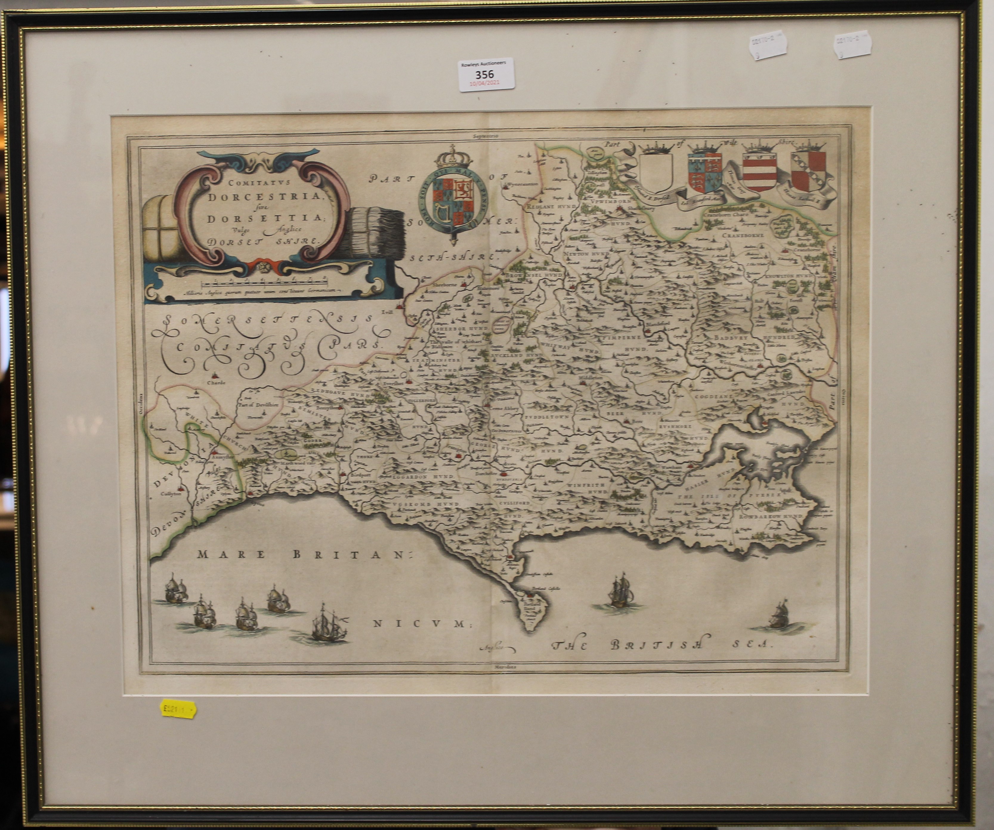 An antique map of Dorset and a framed Thames Barge Race photograph. The former 52 x 40.5 cm. - Image 2 of 4