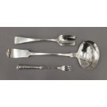 A George IV silver stilton scoop spoon, a silver handled pickle fork and an antique plated ladle.