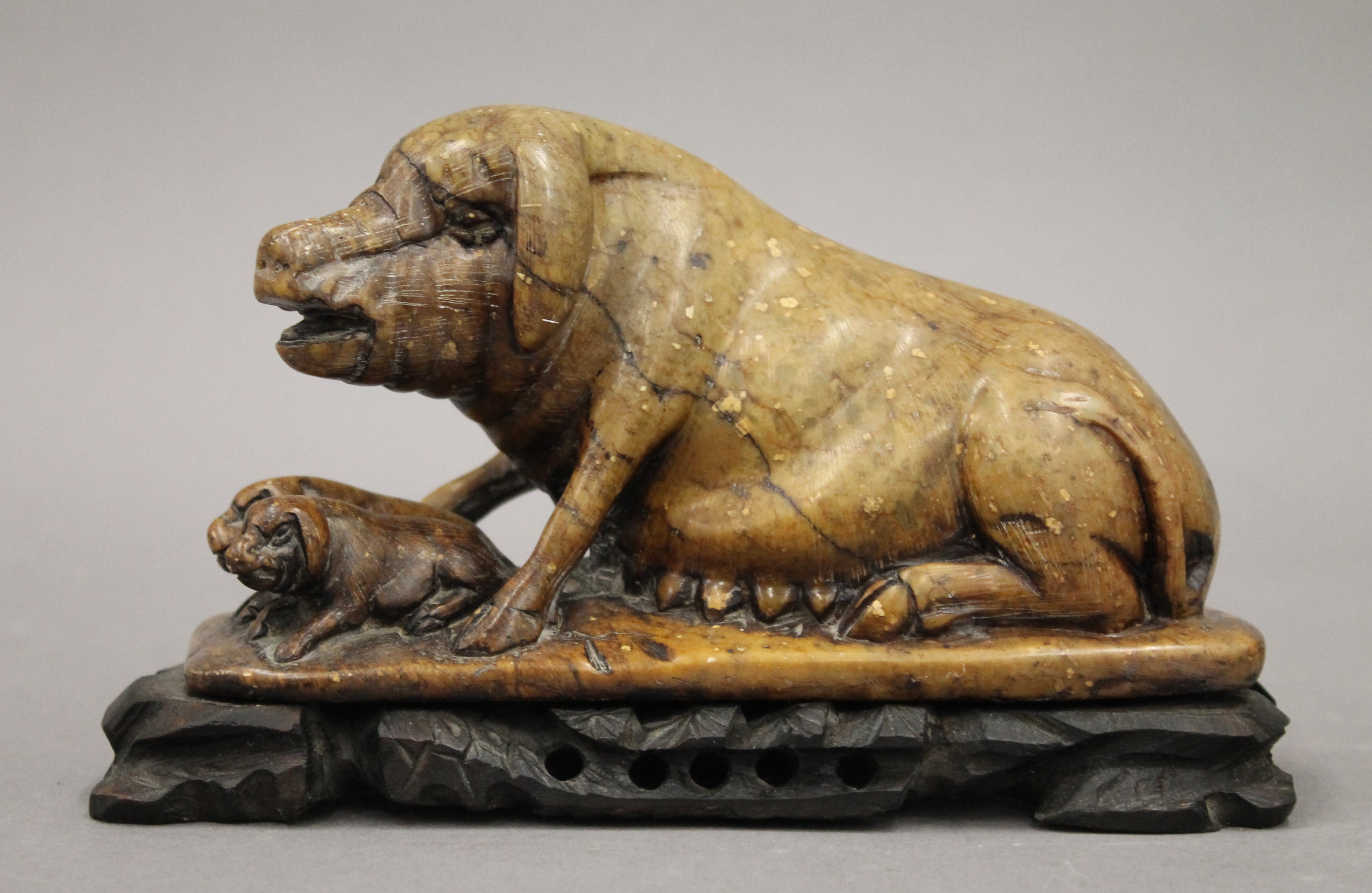 A Chinese soapstone carving of a sow and piglets, mounted on a wooden stand. 17 cm long overall. - Image 2 of 6