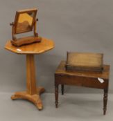 A Victorian pine tripod table, a nursery baby bath/bidet, a book rack and a mirror. The former 71.