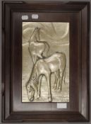 A 925 silver mounted plague of horses, signed BRUNEL, housed in a wooden frame. 34.