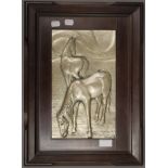 A 925 silver mounted plague of horses, signed BRUNEL, housed in a wooden frame. 34.