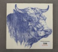 A Minton butcher's shop tile decorated with a bull. 15.25 cm wide.