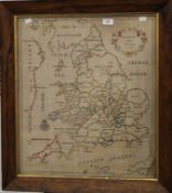 An 18th century needlework map of England and Wales, dated 1785, framed and glazed. 51.5 x 59.5 cm.