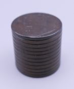 An 18th century English coin canister, probably for tokens. 2.5 cm high.