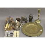 A quantity of various brassware, silver plate and two Indian bronze lidded boxes.