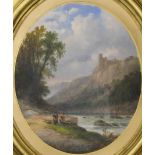 Ladies by a River in a Mountainous Landscape, oil, housed in an oval frame. 40 x 47 cm.