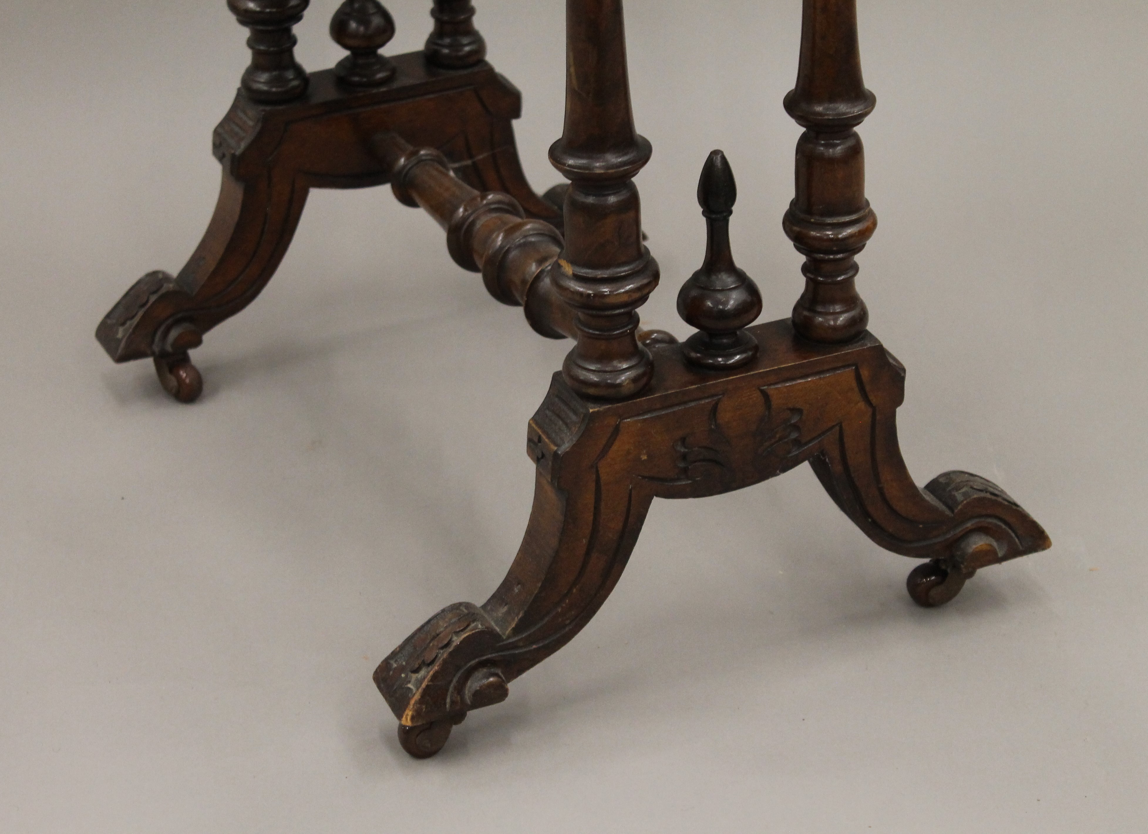 A Victorian inlaid burr walnut work table. - Image 5 of 6