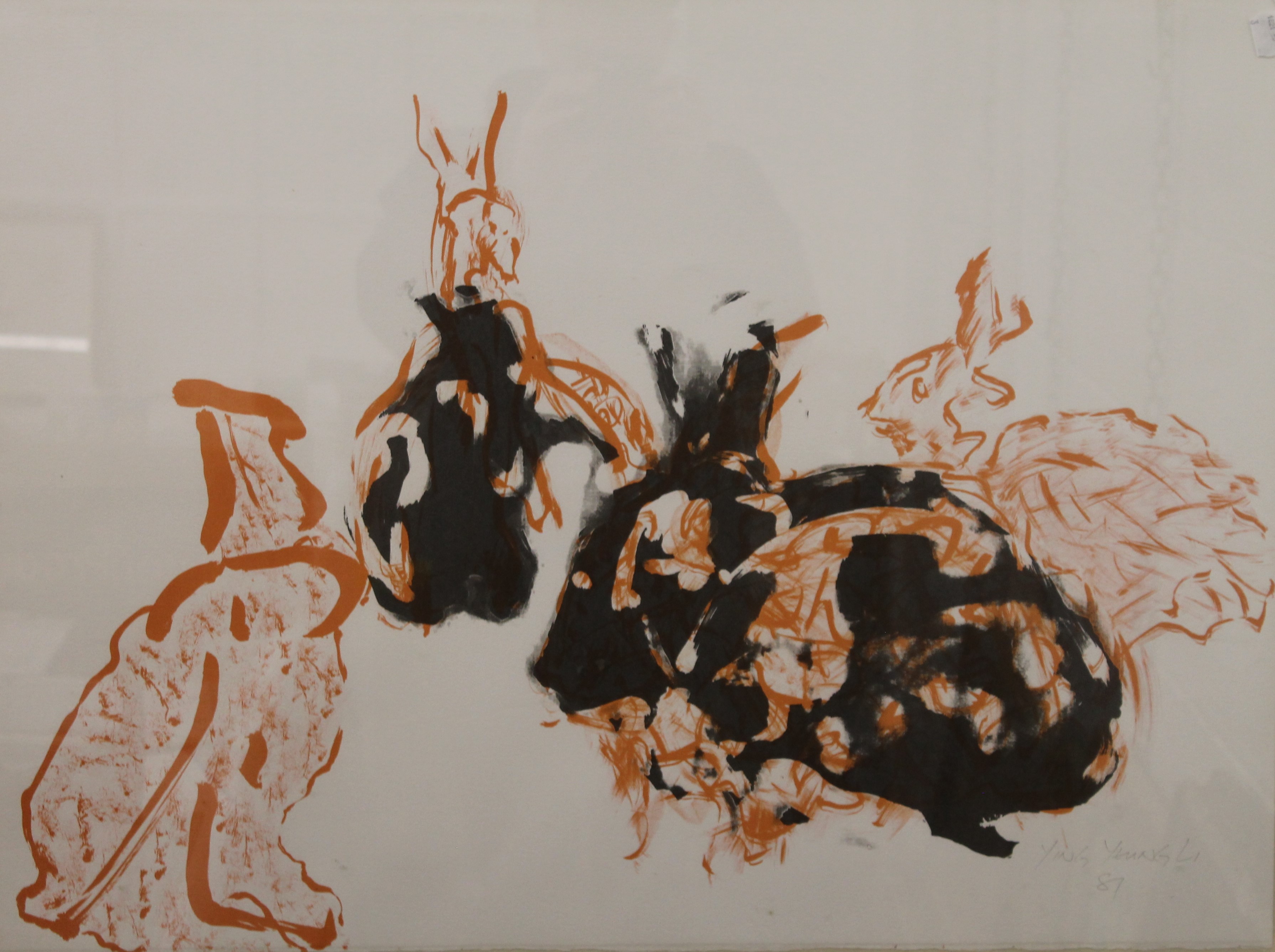 YING YEUNG LI, Hares, print on paper, signed in pencil and dated 87, frame and glazed, 77 x 56.