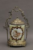 A Victorian silver plate and milk glass biscuit barrel decorated with cherubs. 29 cm high overall.