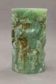 A Chinese green jade brush pot. 12.5 cm high.