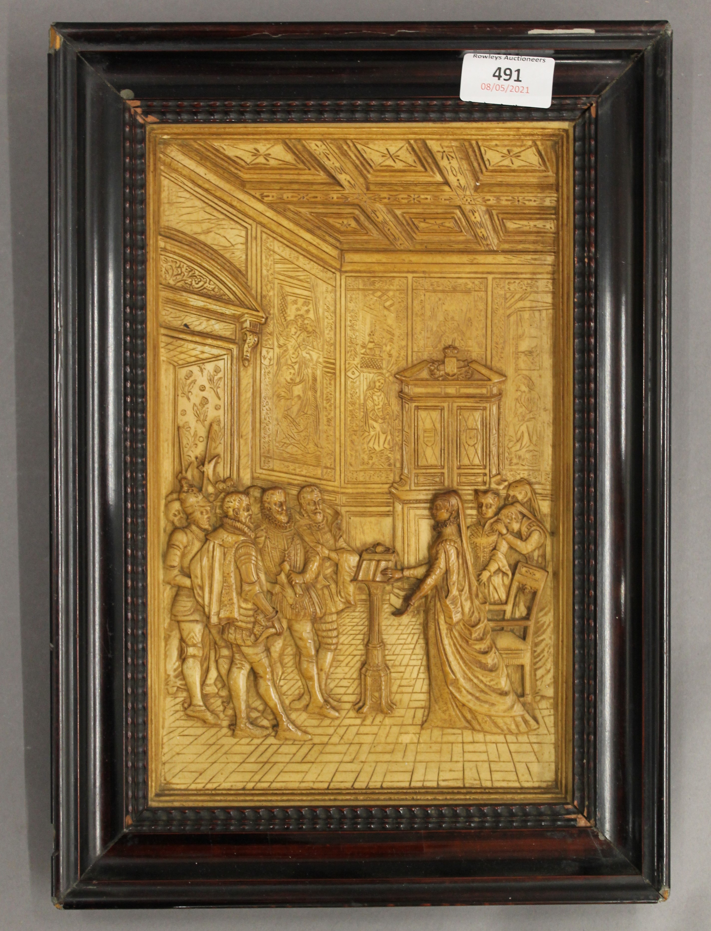A pair of framed plaques depicting Royal Court scenes. 25.5 x 36.5 cm overall. - Image 5 of 6