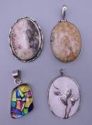 Three silver and hardstone pendants, together with a mosaic effect glass and silver pendant.