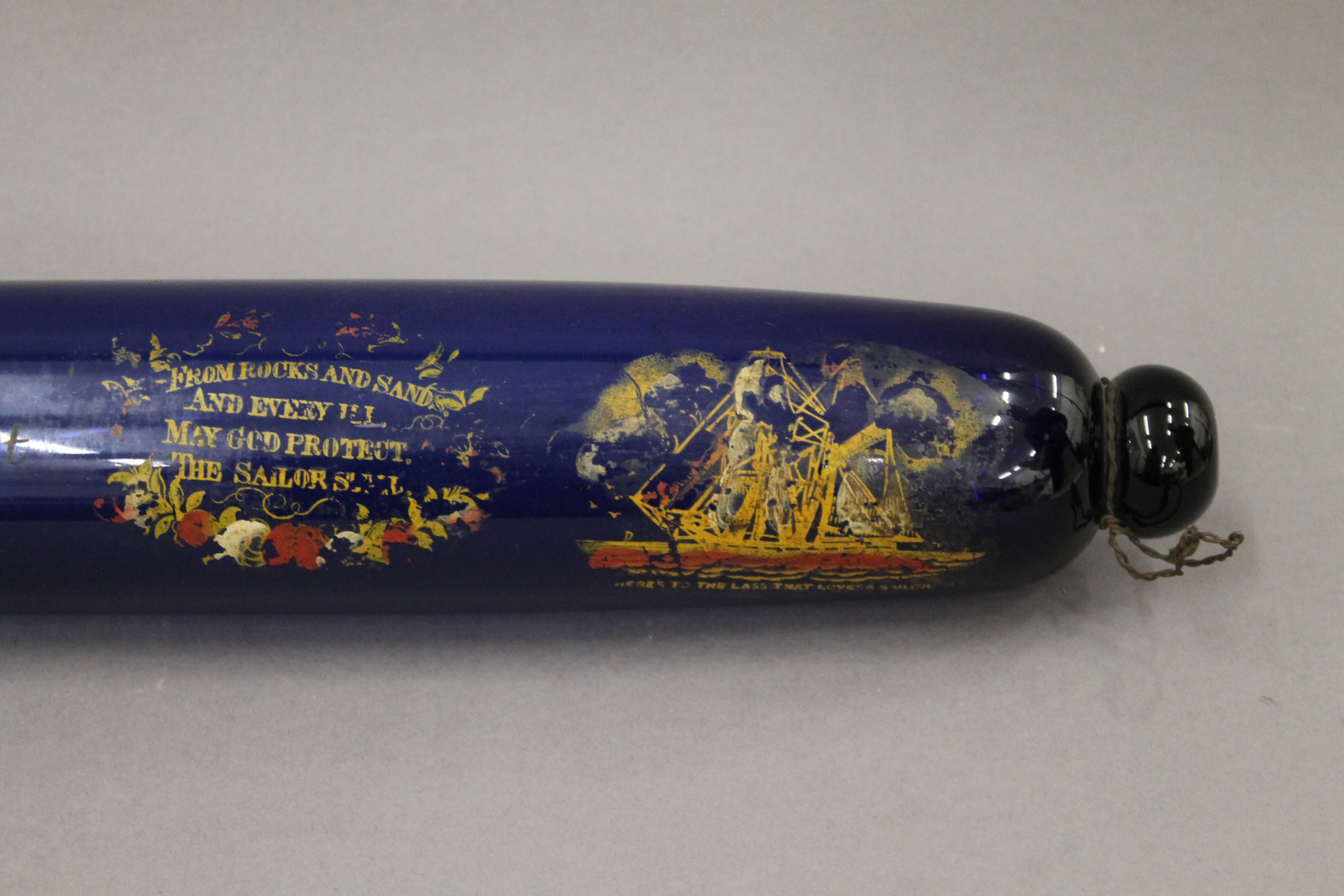 A large Victorian blue glass rolling pin, painted with various ships and verses. 77 cm long. - Image 4 of 4