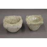 Two marble mortars. Largest 24 cm wide x 12.5 cm high. Smallest 21.5 cm wide x 12 cm high.