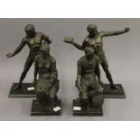 Two pairs of classical spelter figures. The largest 27.5 cm high.