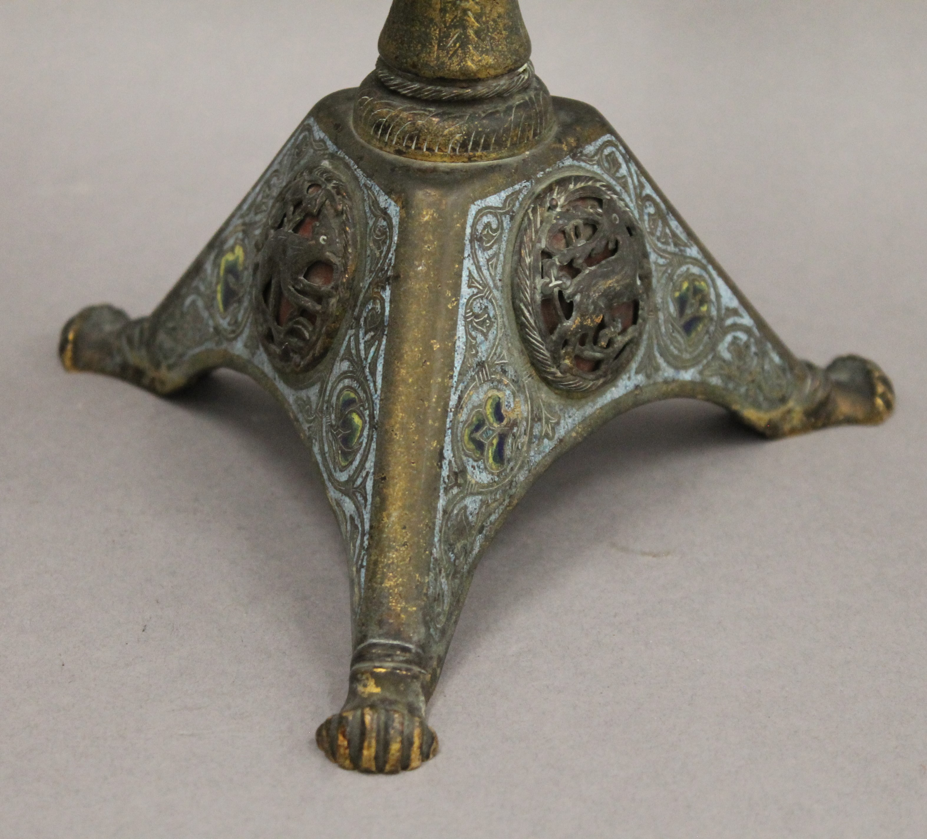 An enamel decorated bronze candlestick. 40.5 cm high overall. - Image 3 of 3