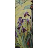 RACHEL THOMAS, Irises, oil on canvas, framed. 29 x 79 cm.