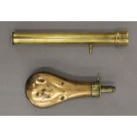 An antique copper powder flask and a brass telescope. The former 20 cm high.